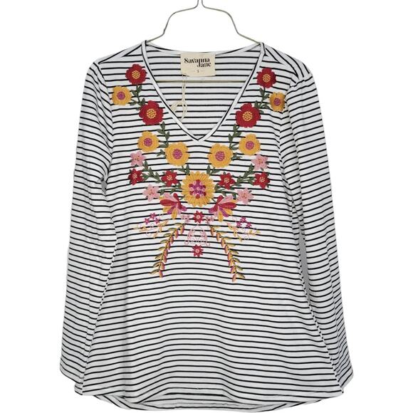 Savanna Jane Floral Embroidered White/Black Striped Long Sleeve V-Neck Top S - Picture 5 of 6